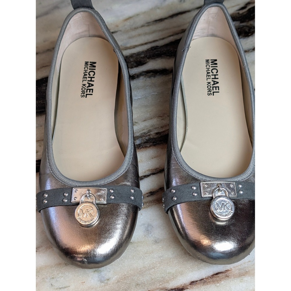 Michael Kors Viva Pewter Metallic Studded Padlock Ballet Flats Size 4